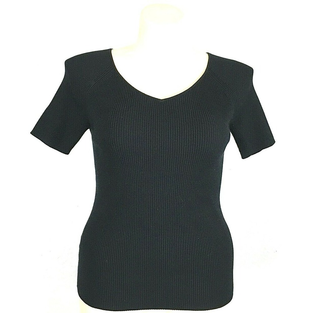 Ann Taylor Top LARGE Solid Black Micro Rib Knit Short‎ Sl Stretch Washable Work
